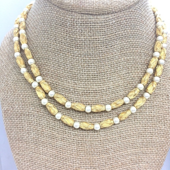 VINTAGE MID CENTURY MODERN MCM NECKLACE BRUSHED GOLD TONE PEARL DOUBLE STRAND - Picture 1 of 16
